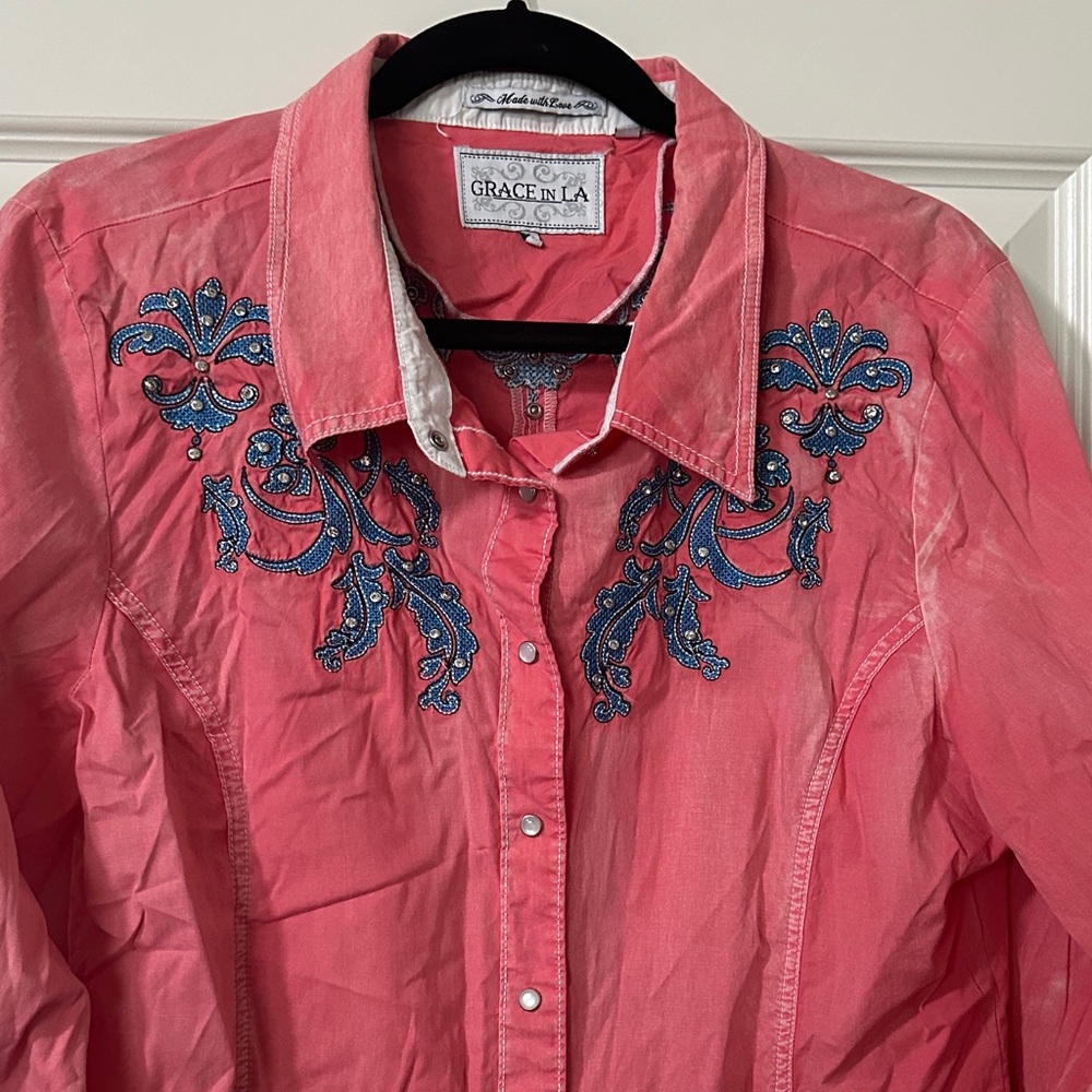 Grace in LA Coral Shirt with Blue Embroidery